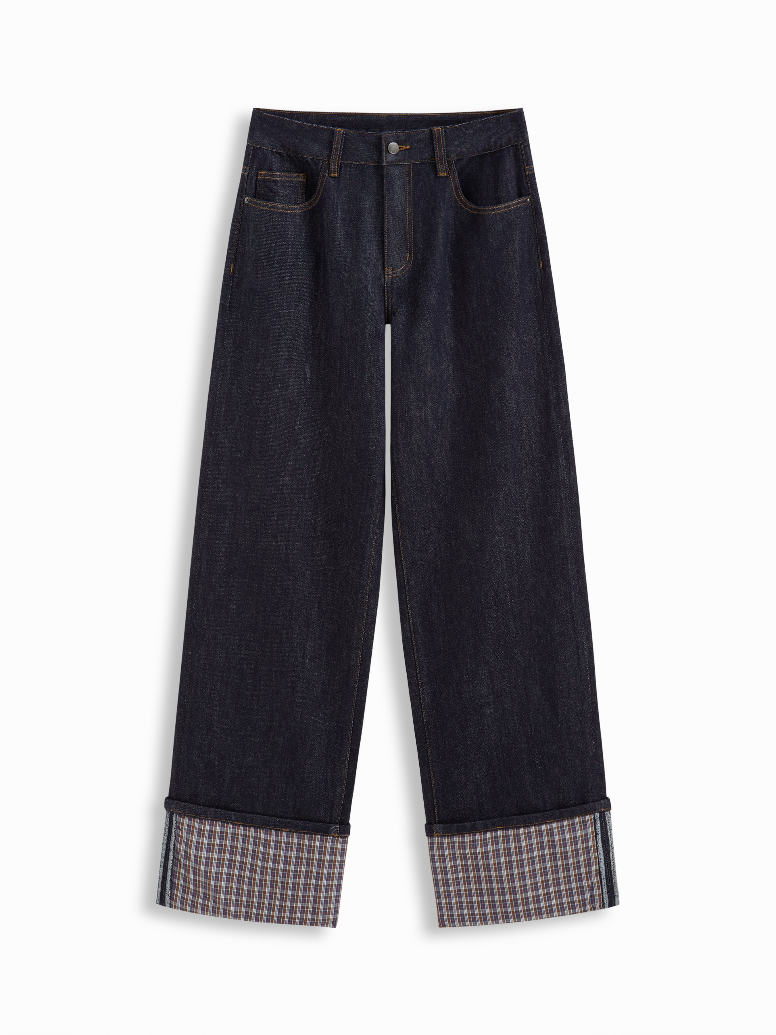 Cider Stretch Denim Mid Rise Plaid Roll Hem Straight Leg Jeans by Cider