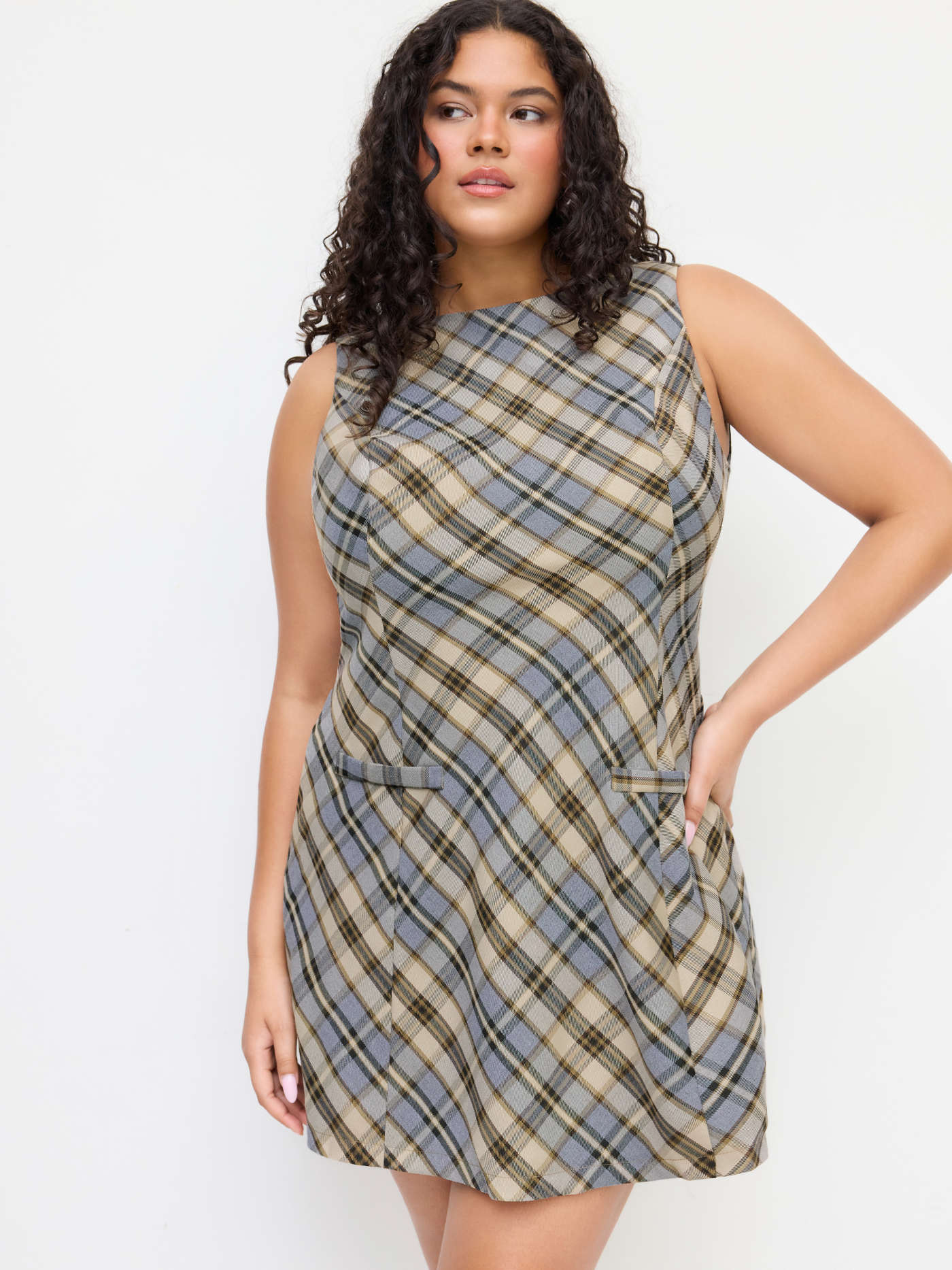 Boat Neck Plaid Mini Dress Curve & Plus