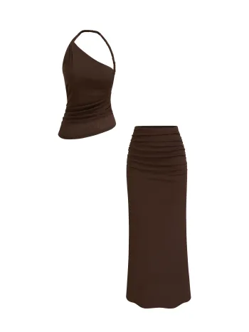 Texture Asymmetrical Neck Ruched Top & Mid Rise Elastic Waist Straight Leg Trousers Set