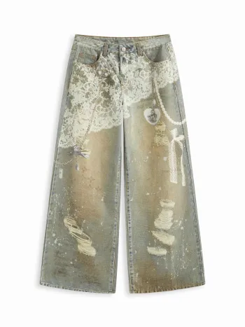 Jeans in denim a vita bassa con pizzo e grafica a gamba larga