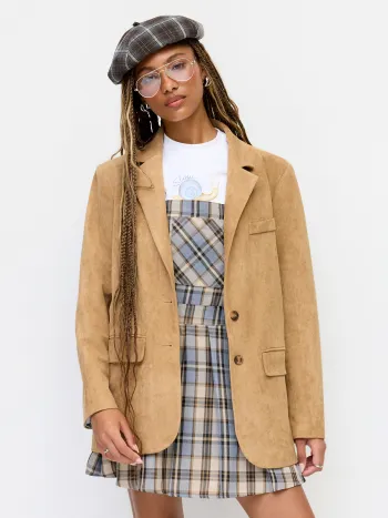 Lederimitat-Sportjacke mit eingeschnittener Kragen und langen Ärmeln, oversized