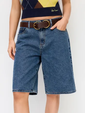 Jorts Bermuda in denim a gamba larga a vita media con cintura
