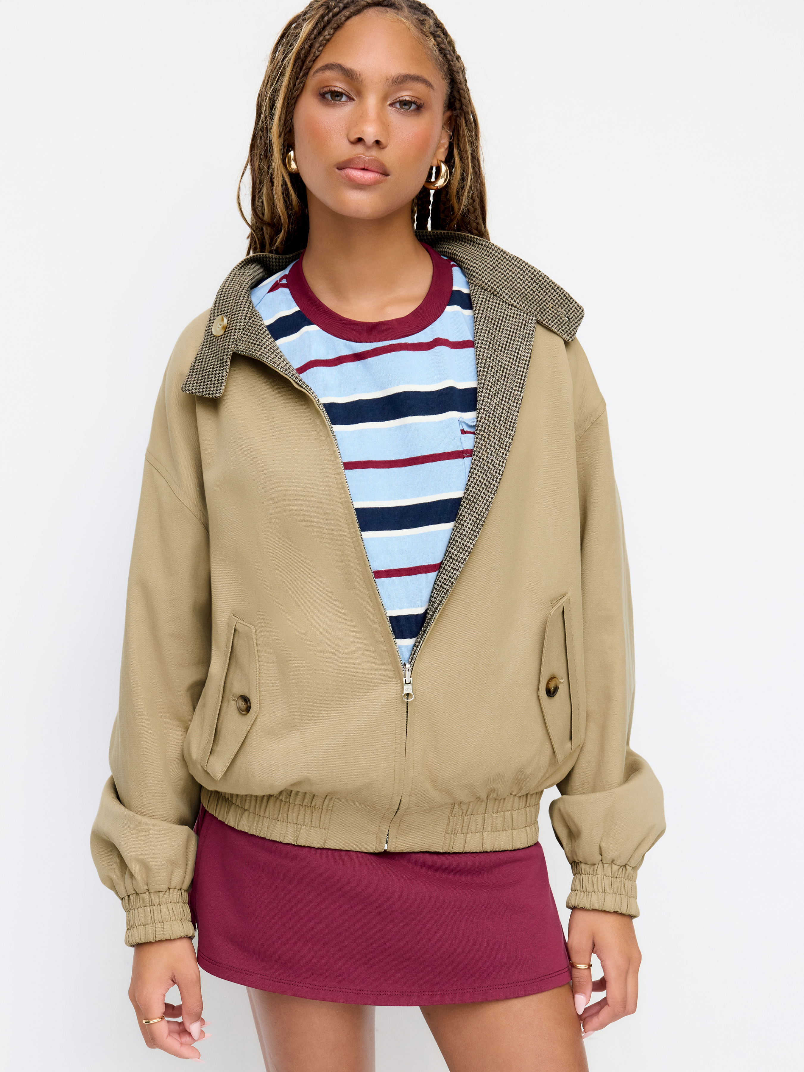 Reversible Cotton-blend Stand Collar Houndstooth Oversized Bomber Jacket