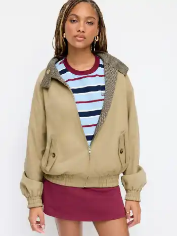 Umkehrbarer Houndstooth-Oversize-Bomberjacket aus Baumwollmischung mit Stehkragen