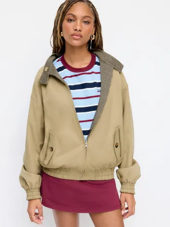 Umkehrbarer Bomber-Jacket aus Baumwollmischung mit Stehkragen und Houndstooth-Muster, Oversize