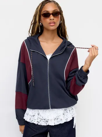 Terry-Farbenblock-Overhead-Hoodie mit Reißverschluss