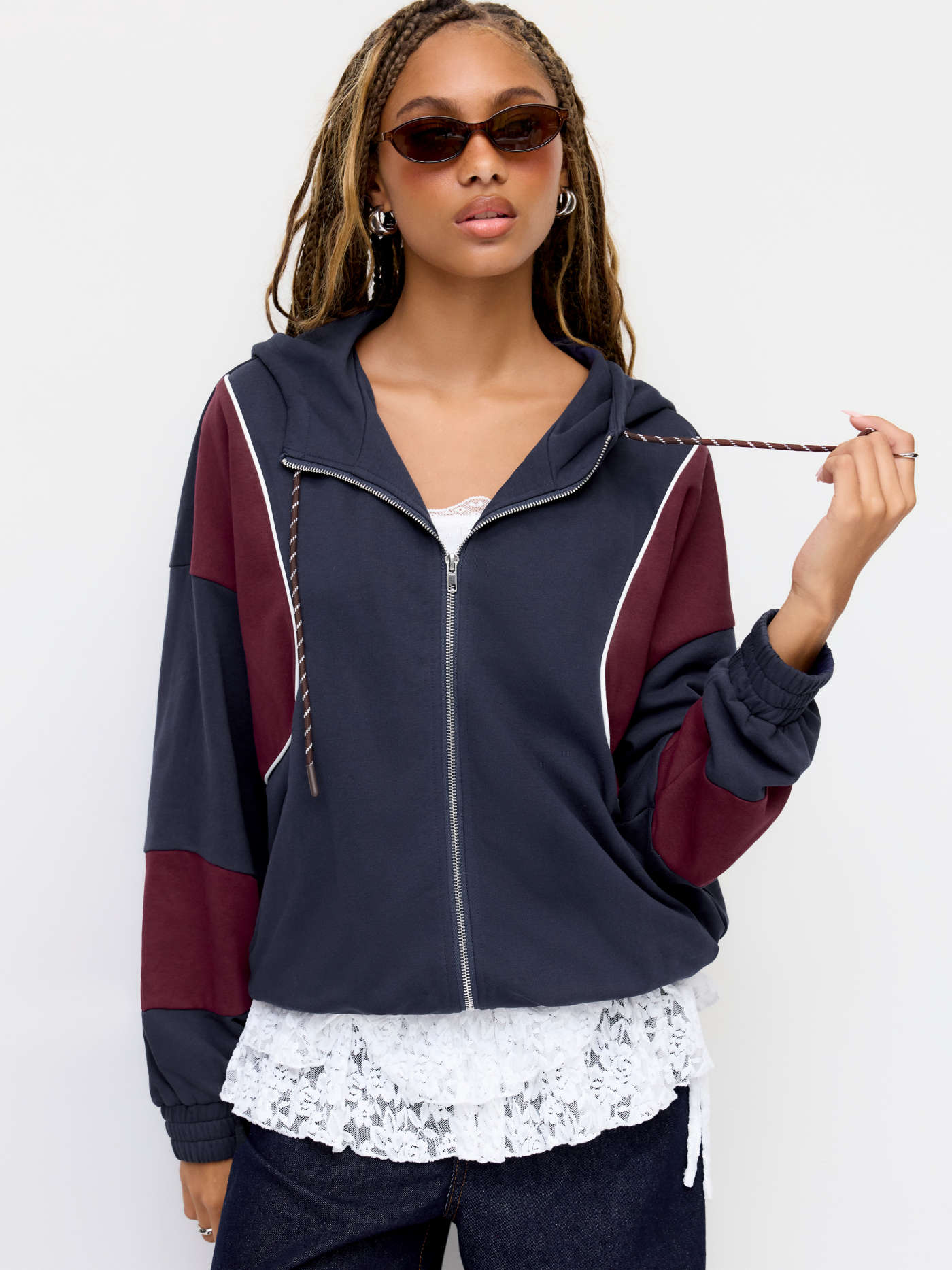 Terry Colorblock Zip Through Oversized Hoodie