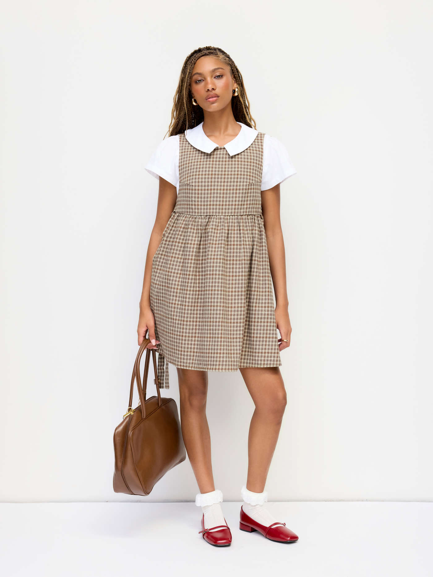 Flannel Round Neckline Tartan Tie Side Knotted Ruffle Hem Mini Dress