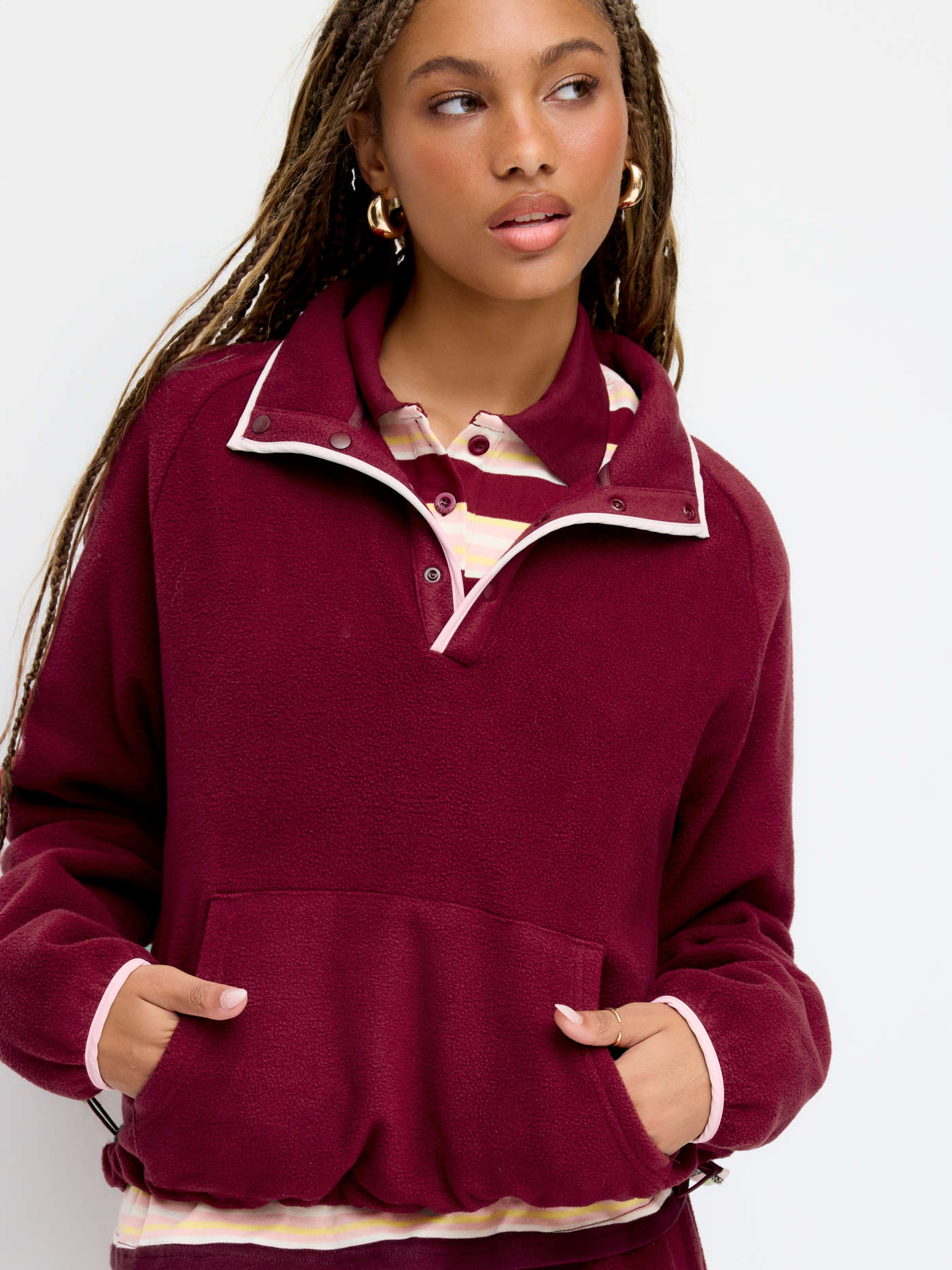 Fleece Stand Collar Long Sleeve Drawstring Contrasting Binding Sweatshirt
