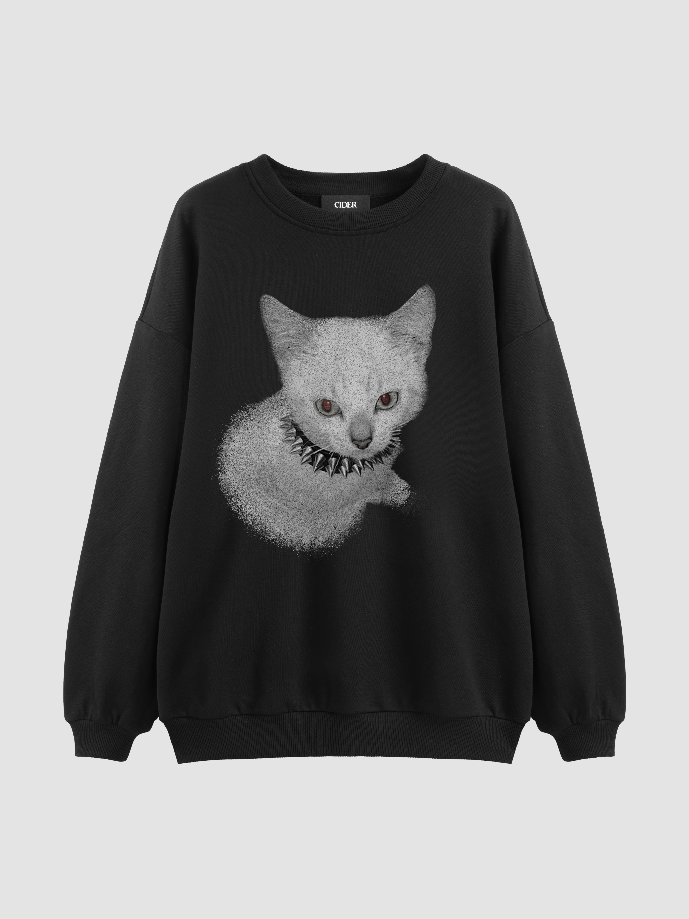 Sweat-shirt à manches longues, col rond, taille généreuse, à motif de chat en mélange de coton