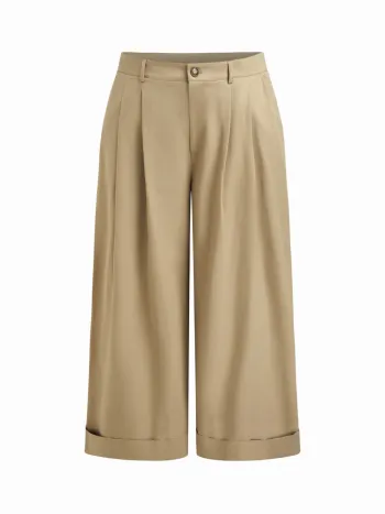 Cotton-blend Low Rise Pleated Roll Hem Wide Leg Trousers Curve & Plus