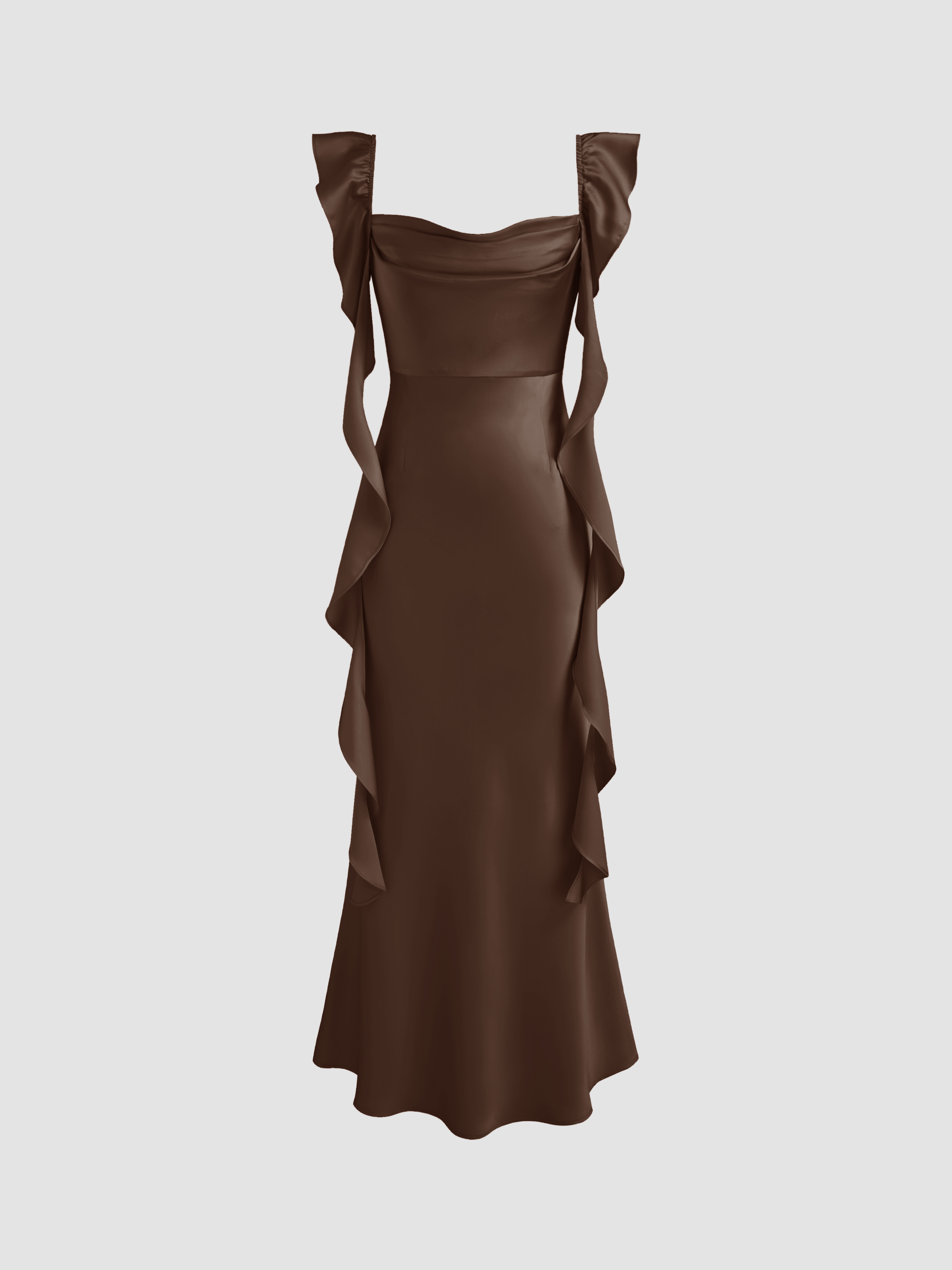 Cider◆ Satin cowl neck ソリッド フリルヘム マキシドレス Satin Satin Cowl Neck Solid Ruched Maxi Dress For Wedding