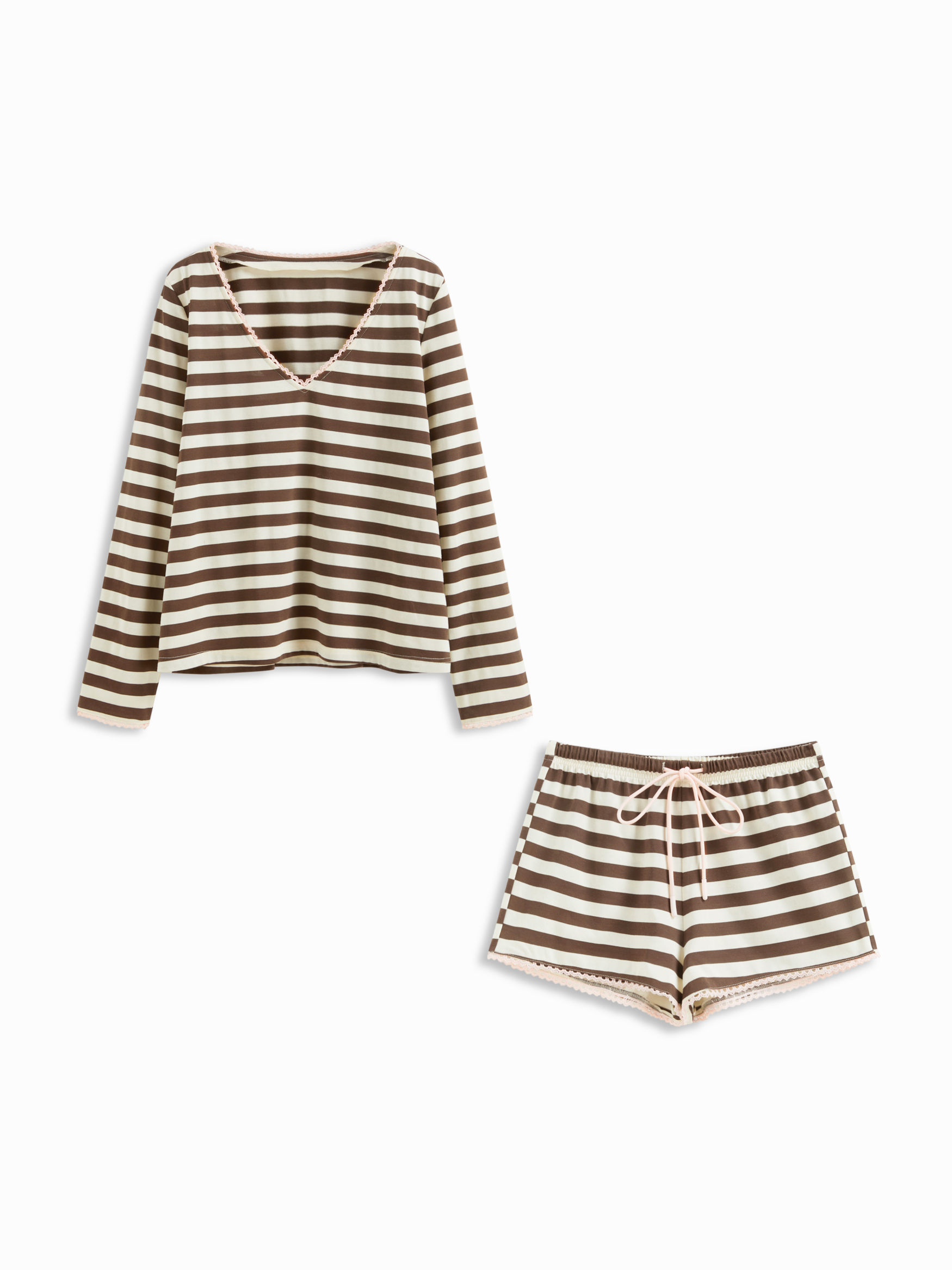 Cotton-blend V-neck Stripe Long Sleeve Top & Mid Rise Drawstring Lounge Shorts Loungewear Set