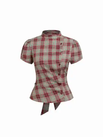 Plaid Stand Collar Puff Sleeve Tie Back Button Blouse