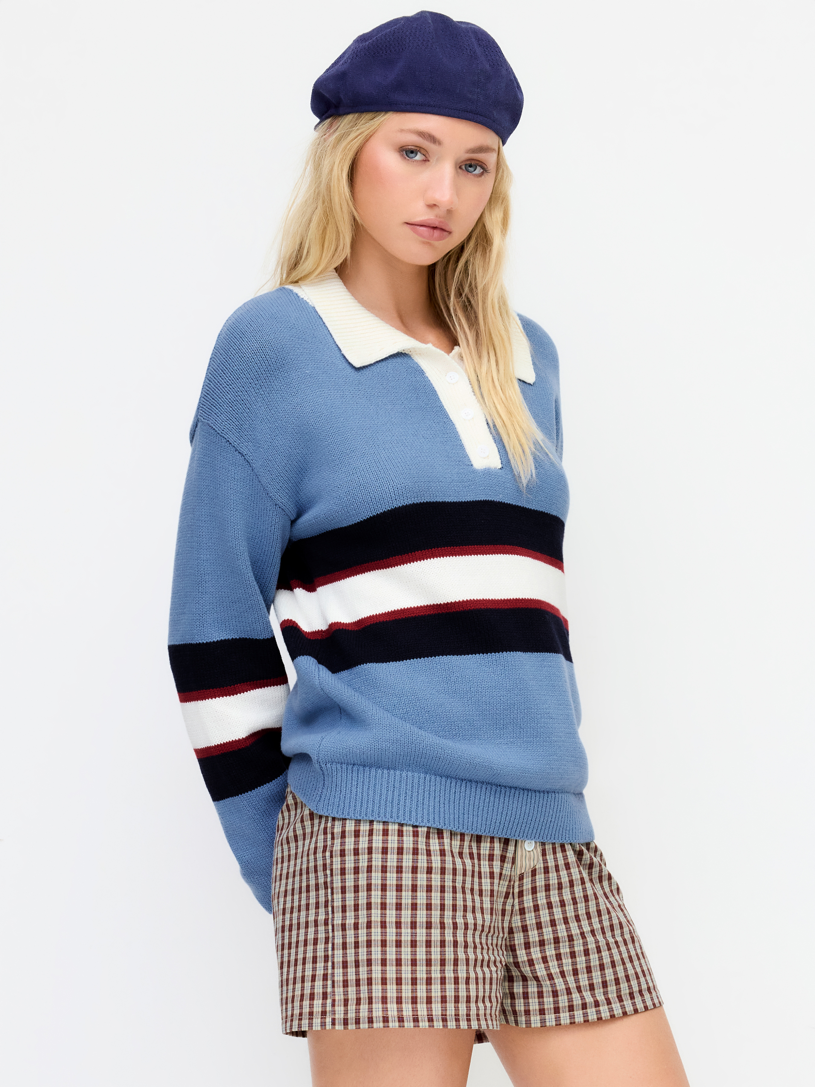 Fall Sweater Fall Sweater Jersey Knit Collar Stripe Button Oversized Top For Daily Casual