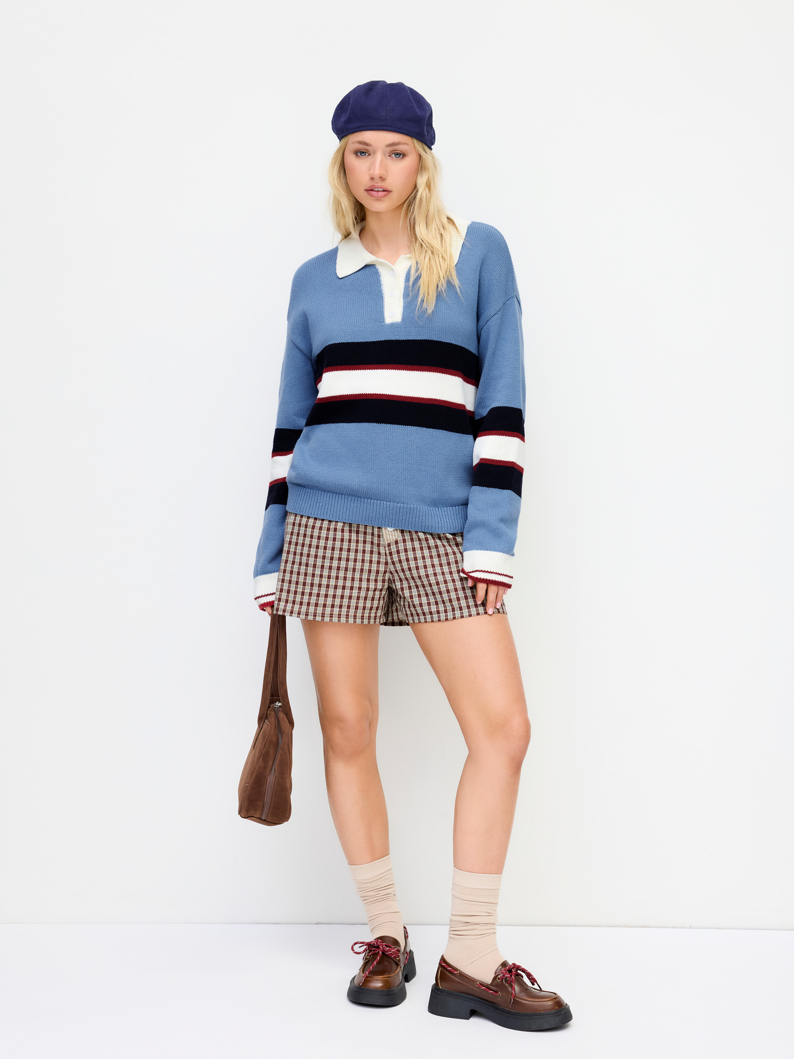 Fall Sweater Fall Sweater Jersey Knit Collar Stripe Button Oversized Top For Daily Casual