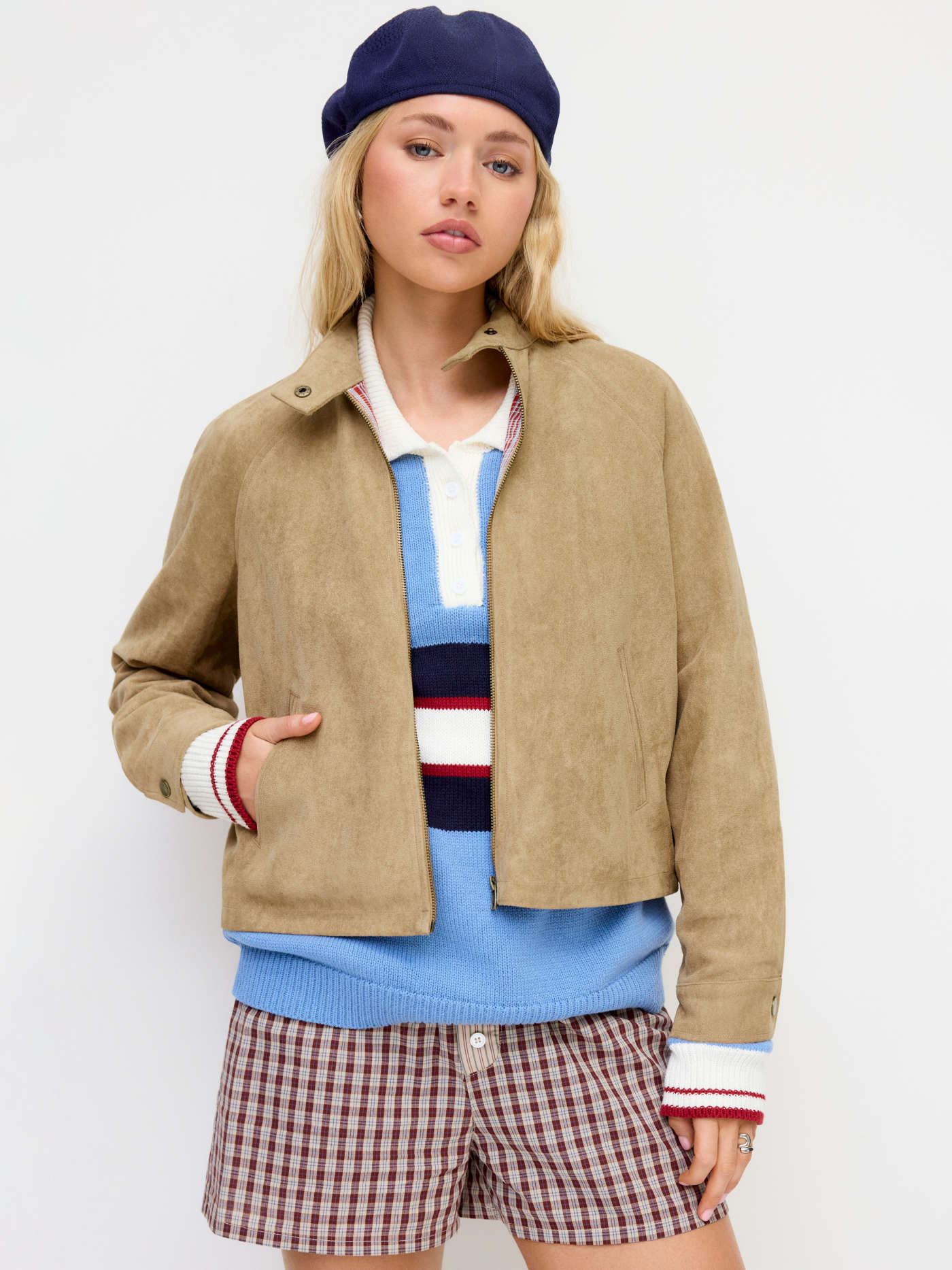 Suede Stand Collar Long Sleeve Zip Through Oversized Jacket