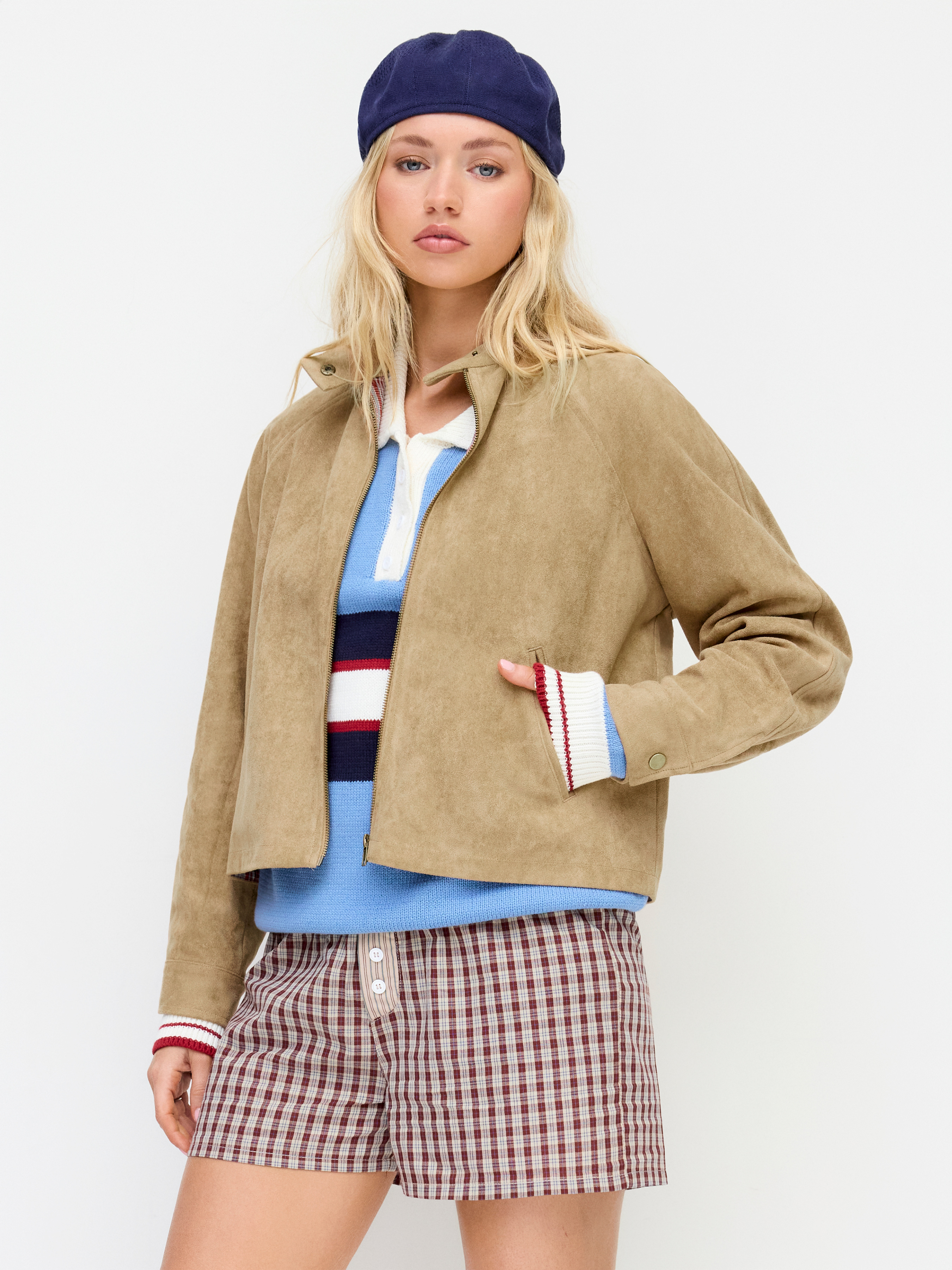 Suede Stand Collar Long Sleeve Zip Through Oversized Jacket