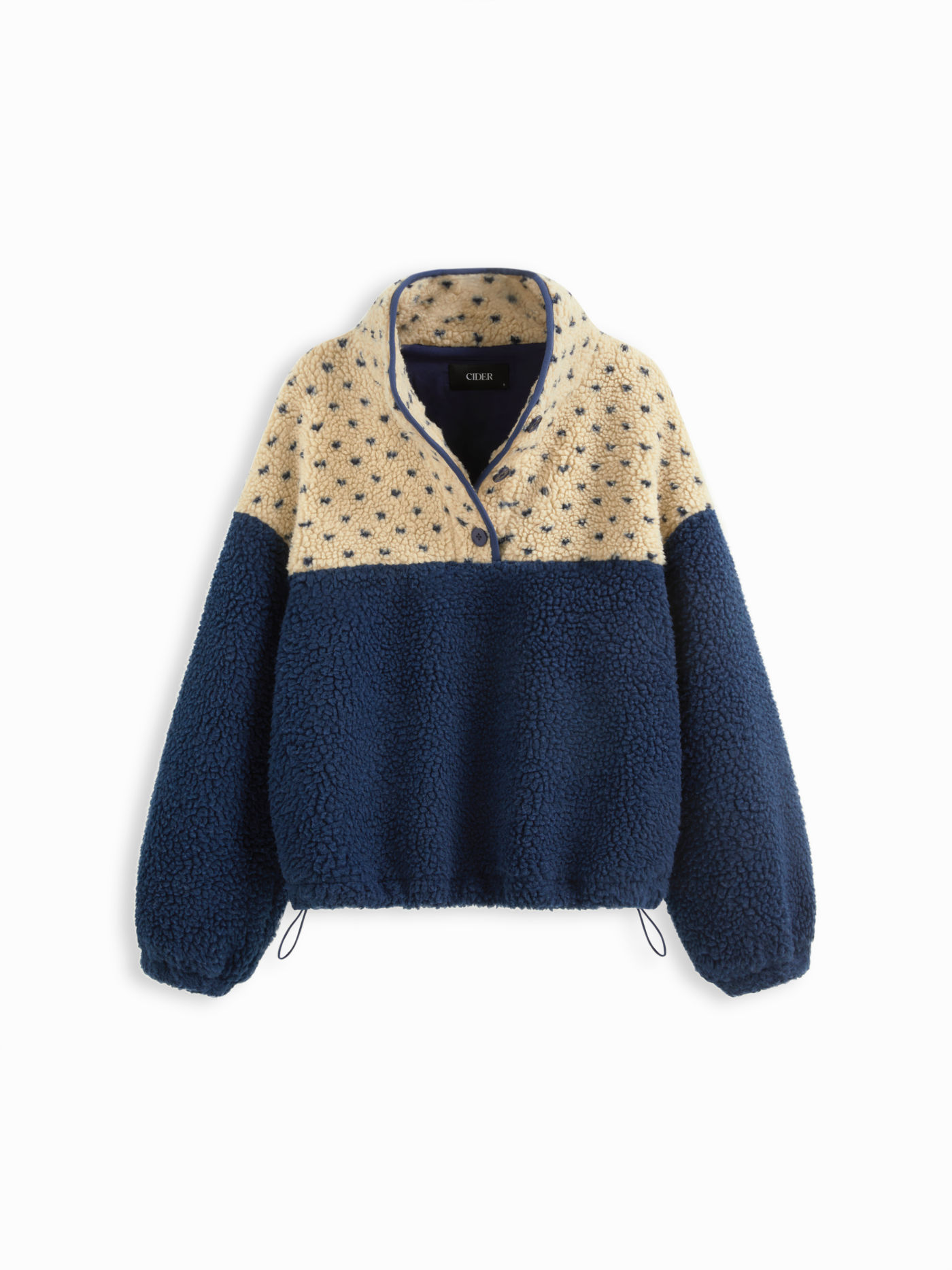 Fleece Stand Collar Two Tone Patchy Drawstring Oversized Sweatshirt