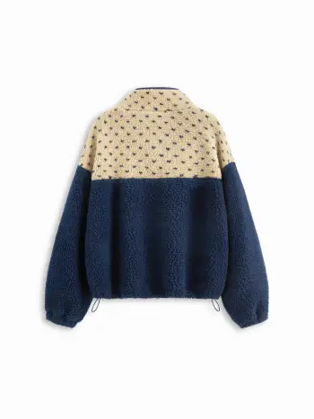 Felpa oversize con colletto rialzato in pile, bicolore, con coulisse e toppe