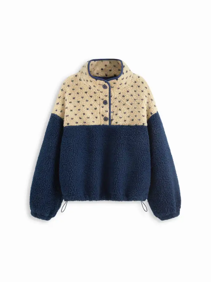Fleece Stand Collar Long Sleeve Drawstring Contrasting Binding Sweatshirt