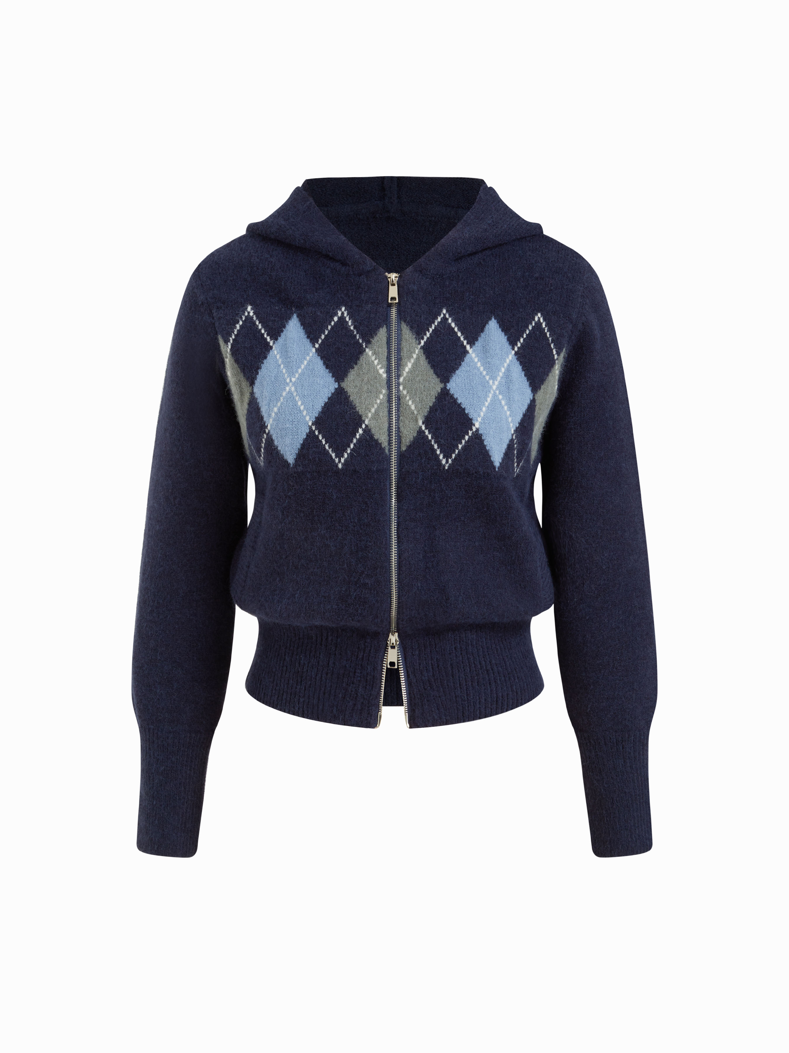 Tricot Knit Hooded Argyle Pattern Zip Through Cardigan For École Décontracté quotidien