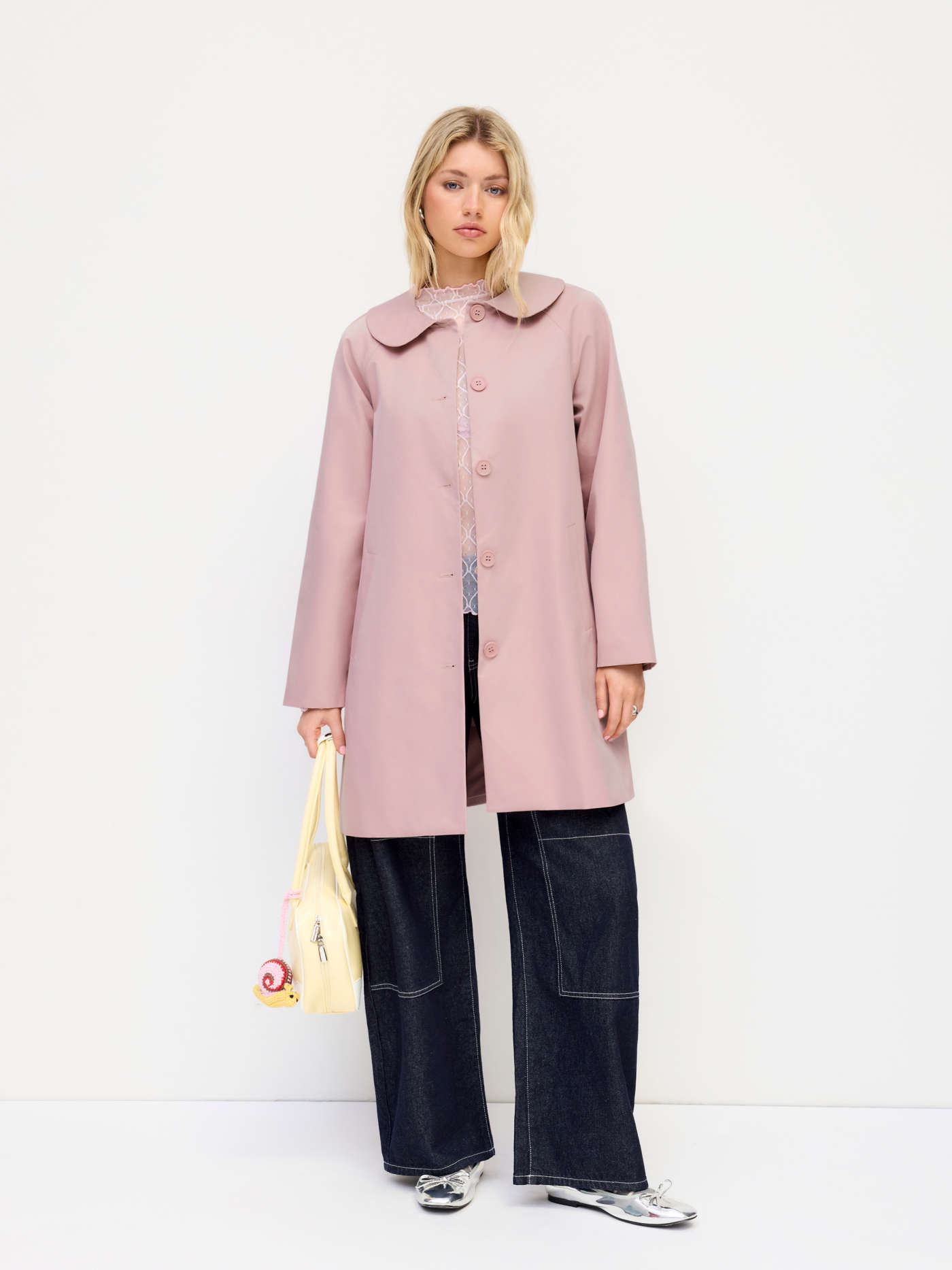 Peter Pan Collar Button Split Long Sleeve Trench Coat