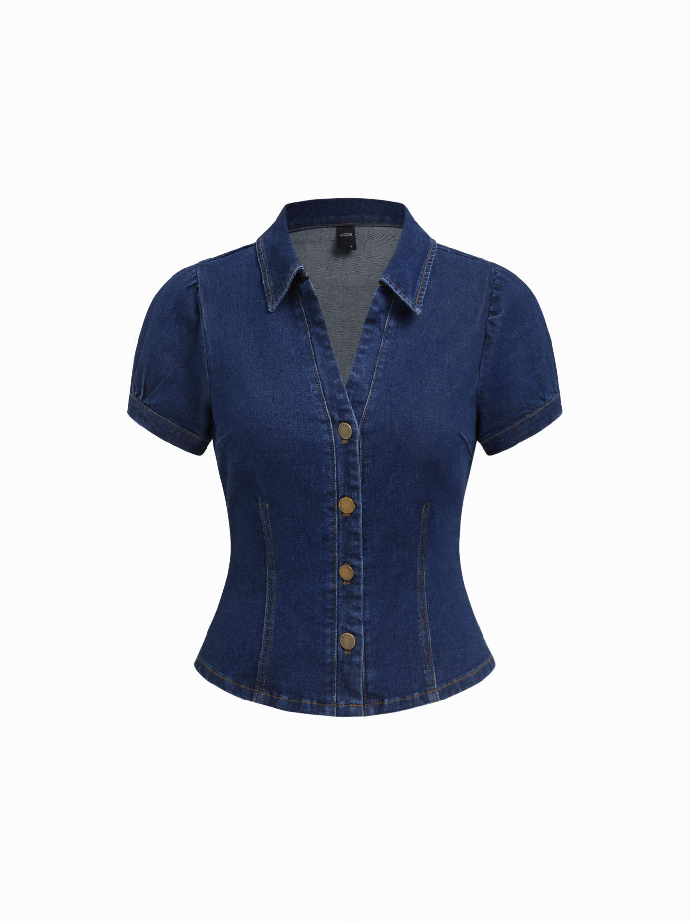 Stretch Denim Collar V-neck Short Sleeve Blouse