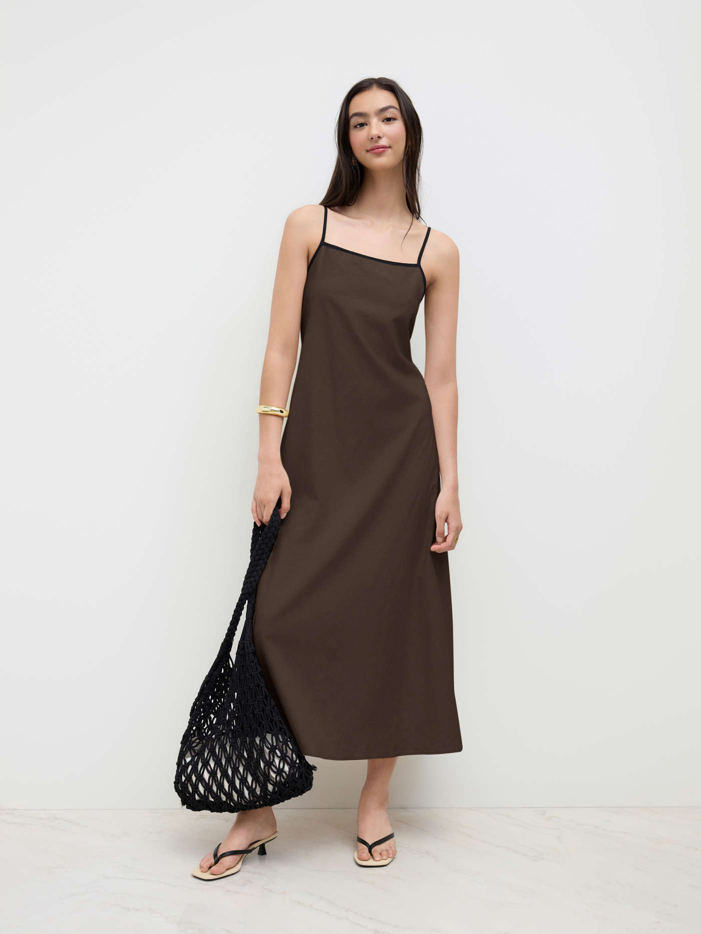 Linen-blend Square Neck Knotted Beaded Cami Maxi Dress