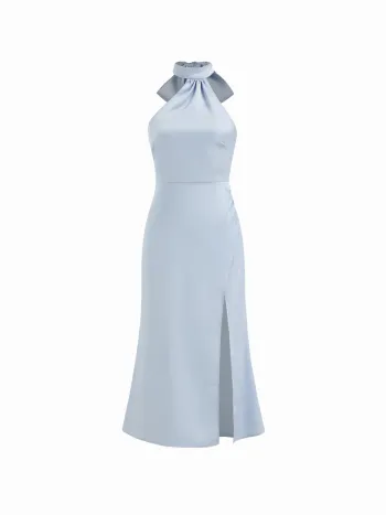Satin Maxikleid mit Halterhals und Knoten am Schlitz