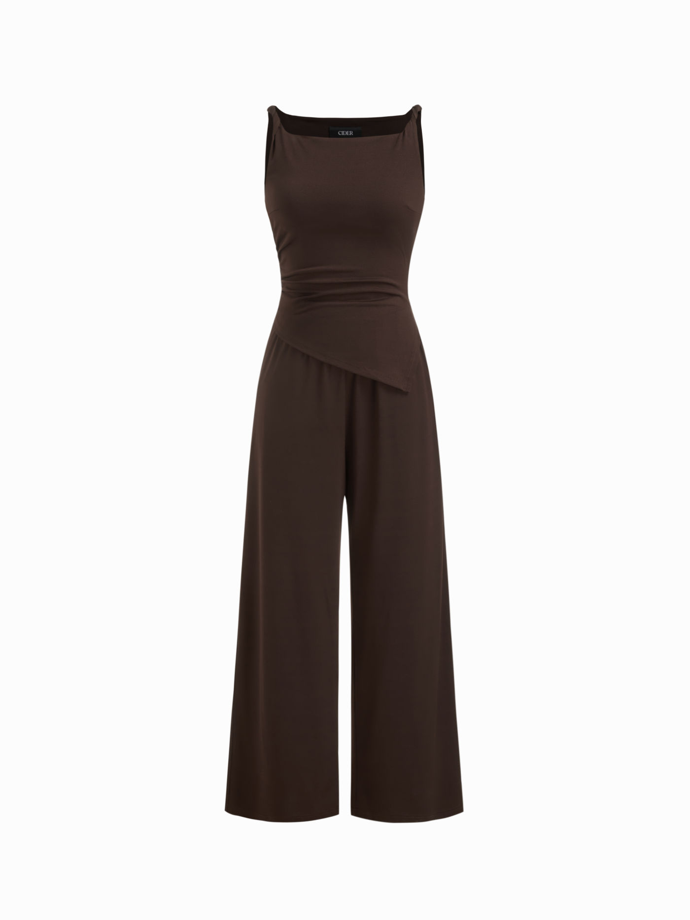 Boat Neck Ruched Asymmetrical Hem Wide Leg Jumpsuit