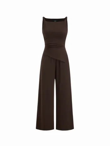 Boat Neck Ruched Asymmetrical Hem Wide Leg Jumpsuit