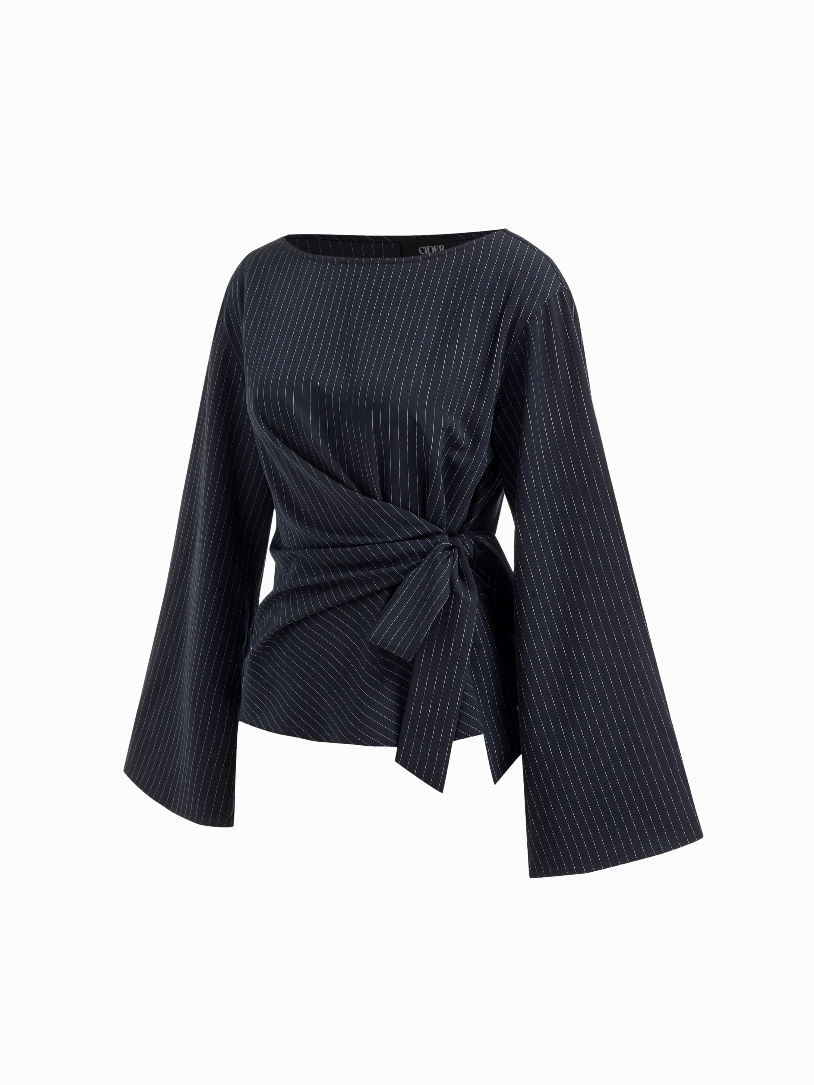 Boat Neck Stripe Knotted Bell Sleeve Blouse