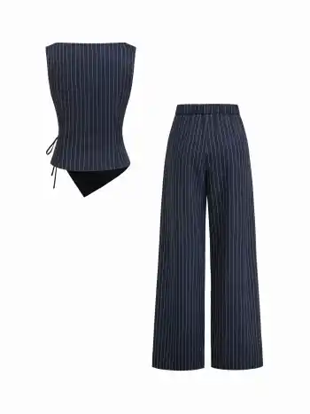Set Top annodato a portafoglio a righe con scollo a barca & Pantaloni dritti a vita media