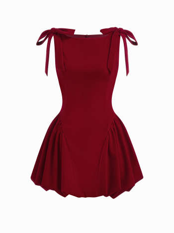 Velvet Boat Neck Bowknot Bubble Hem Mini Dress