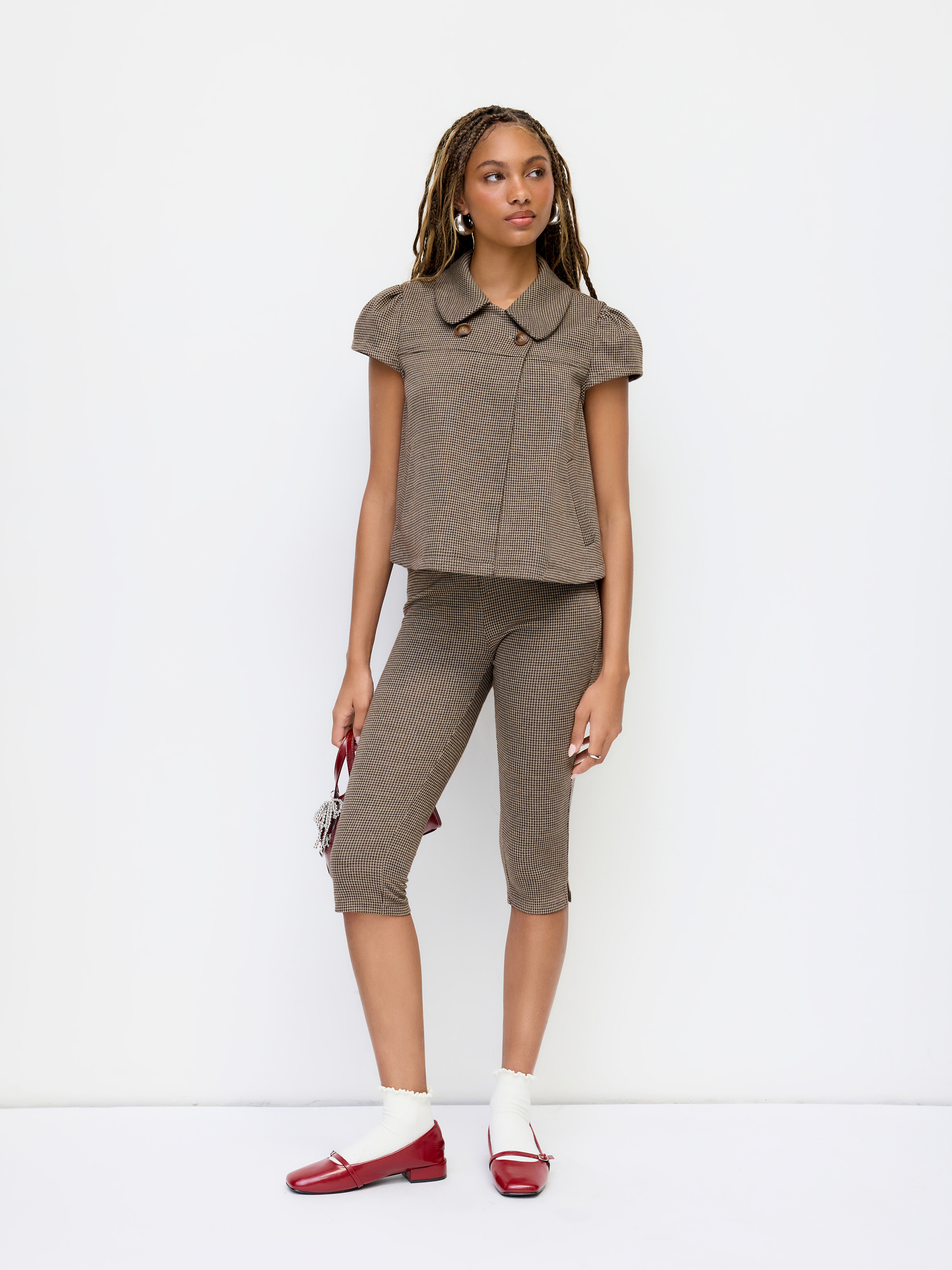 Peter Pan Collar Houndstooth Button Short Sleeve Blouse