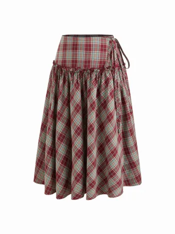 Mid Rise Tartan Lettuce Trim Knotted Midi Skirt