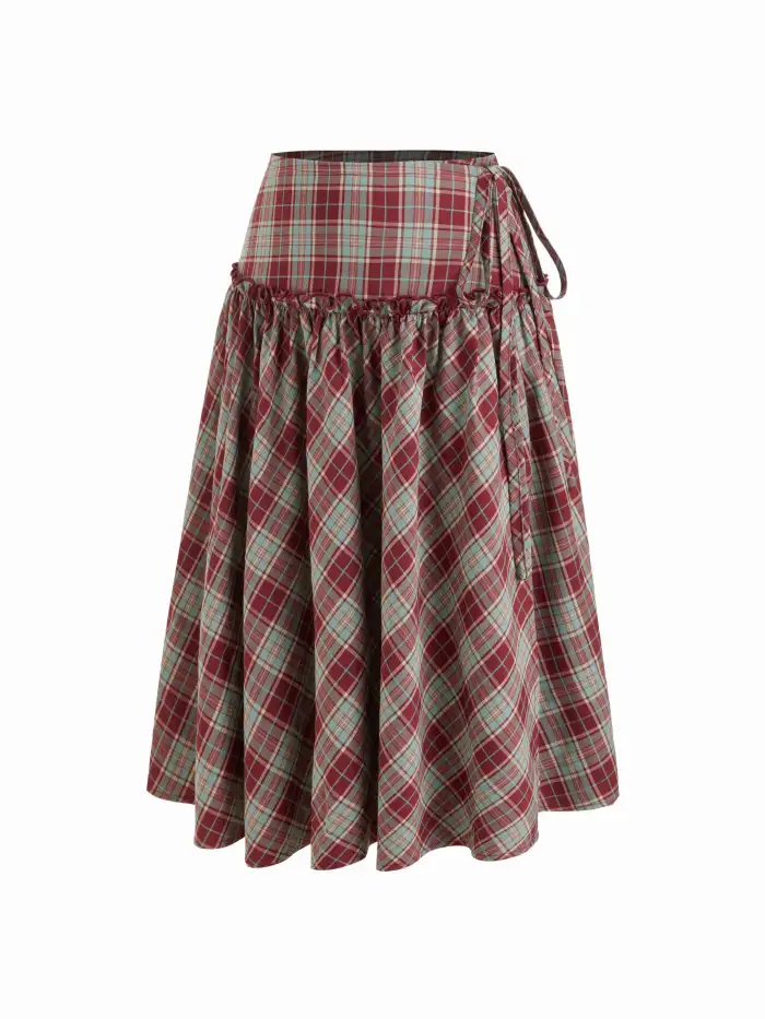 Plaid Stand Collar Puff Sleeve Tie Back Button Blouse