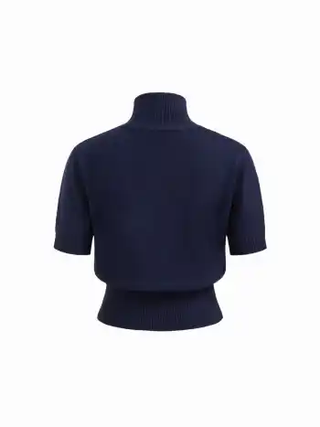 Strickwaren Wolle-Mischung Katzen-Grafik Hochkragen Kurzärmliges Oberteil