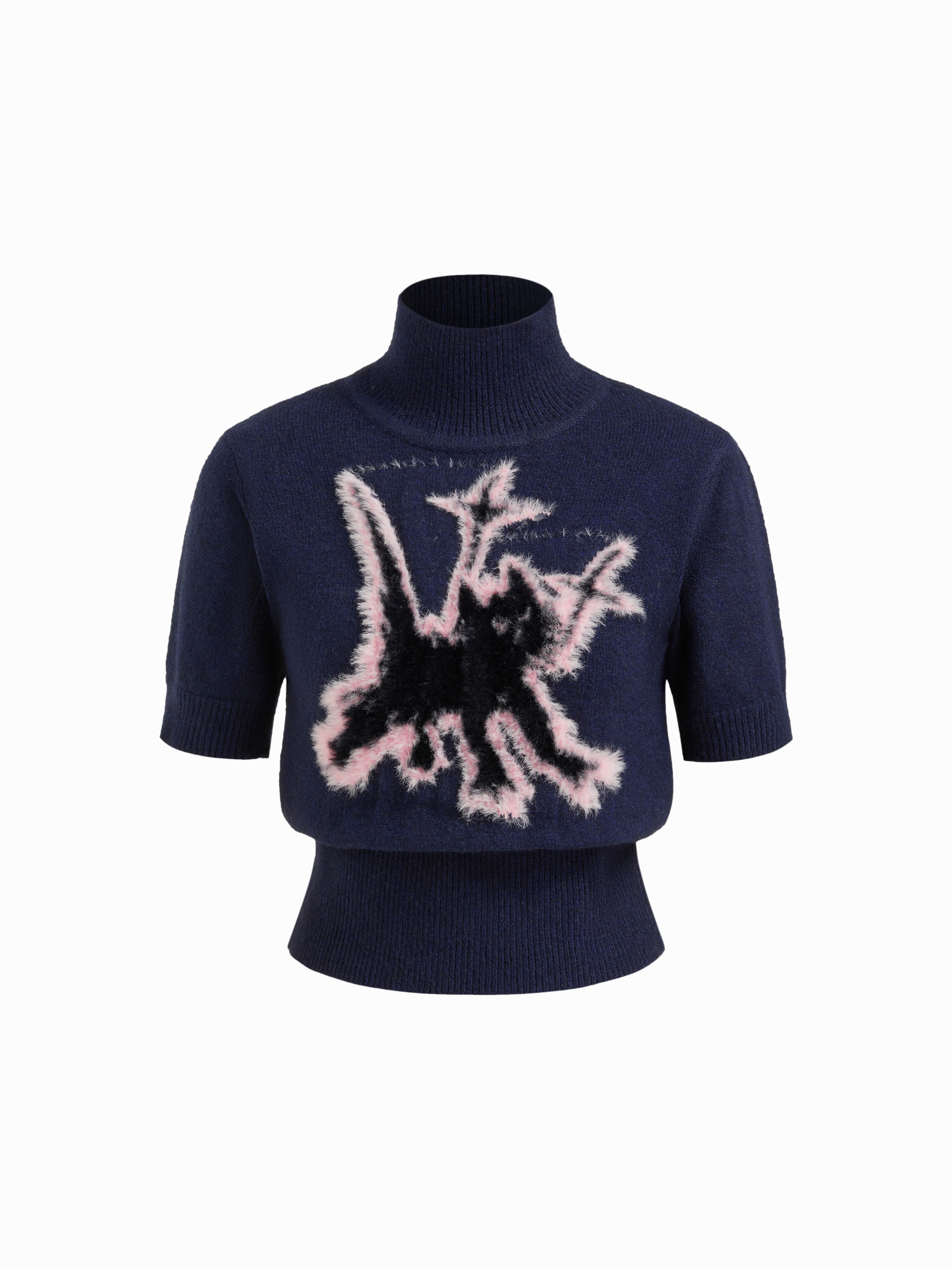 ニット生地 ニット ウール混 猫柄 グラフィック ハイネック 半袖