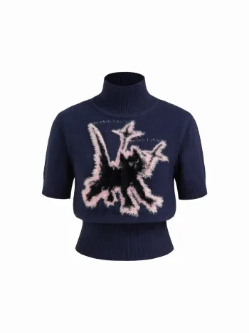Strickwaren Wolle-Mischung Katzen-Grafik Hochkragen Kurzärmliges Oberteil