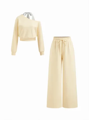 Set Top oversize a manica lunga con collo asimmetrico in misto cotone & Pantaloni a gamba larga con coulisse a vita media