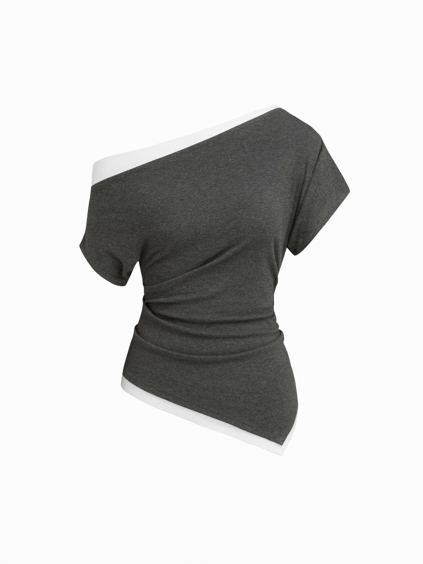 Asymmetrical Neck Two Tone Ruched Short Sleeve Top