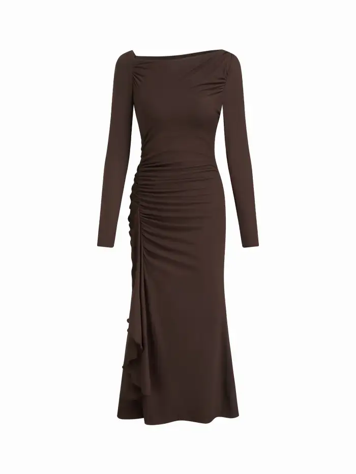 Boat Neck Long Sleeve Ruched Maxi Dress