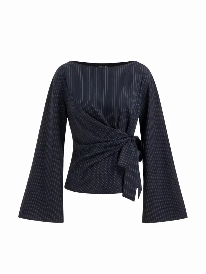 Lace Boat Neck Floral Ruched Asymmetrical Hem Bell Sleeve Top