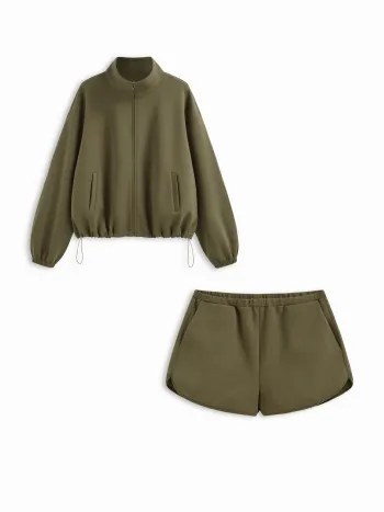 Set felpa con zip e coulisse a collo alto in misto cotone e shorts a vita media