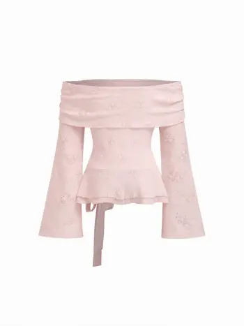 Top a fiori con spalle scoperte in pizzo con nodo e maniche lunghe arricciate