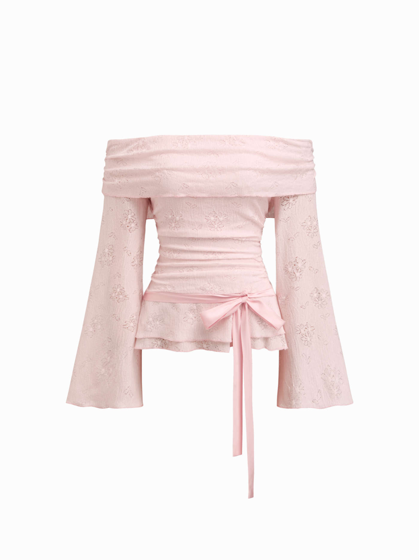 Dentelle Lace Off-shoulder Floral Knotted Ruched Long Sleeve Top For Décontracté quotidien Rencard