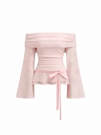 Top a fiori con spalle scoperte in pizzo con nodo e maniche lunghe arricciate