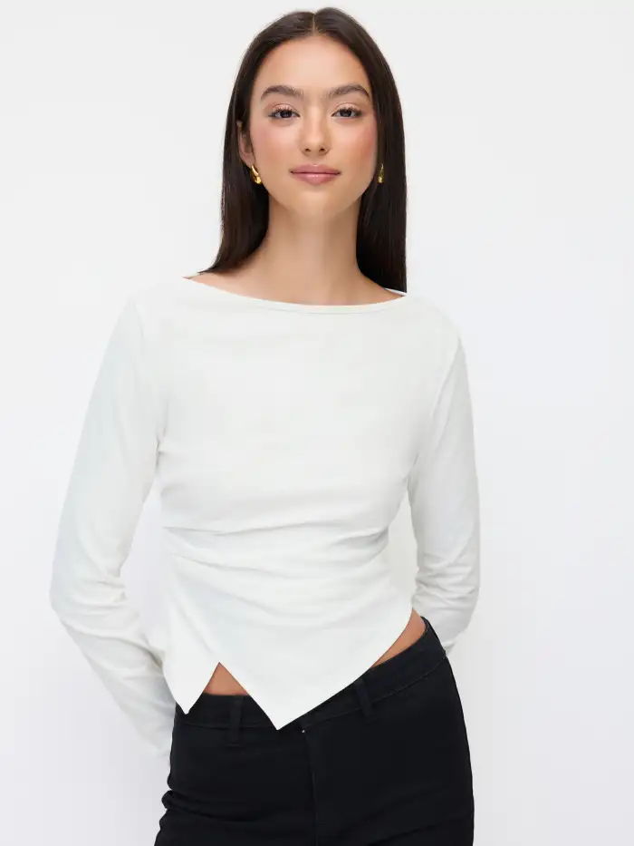 Asymmetrical Neck Long Sleeve Contrasting Lace Ruched Tee